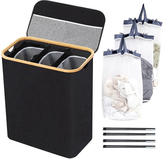 Wasverzamelbox 3 compartimenti con coperchio Wassorteersysteem Box da bucato pieghevole impermeabile Capacità 145L per famiglia Nera