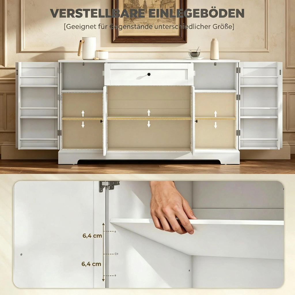 Credenza e madia con cassetto, 3 ante e ripiani regolabili, per cucina e soggiorno, in MDF, bianco, 140 × 40 × 80 cm