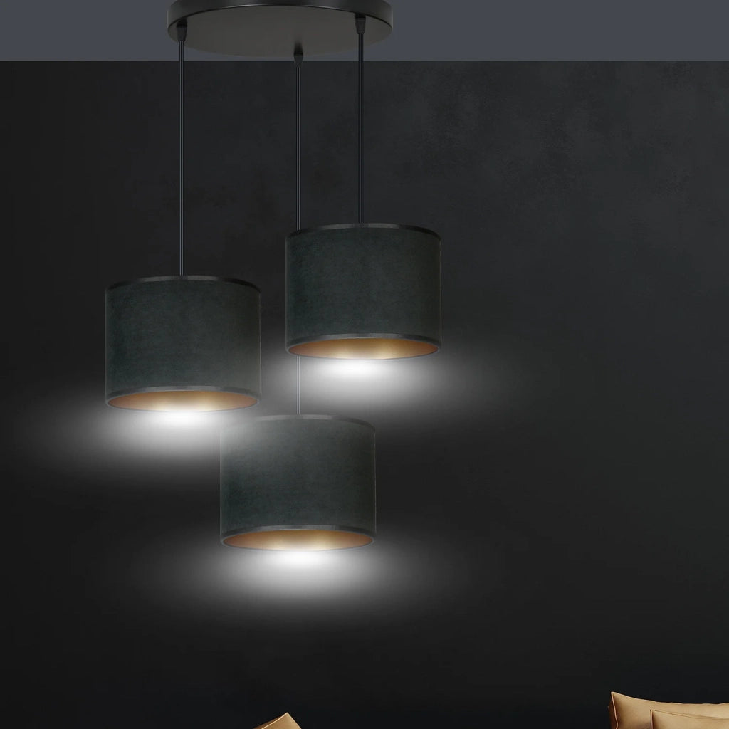 Lampadario Tondo 3 Luci Ganesha In Acciaio Nero E Paralumi In Tessuto Nero