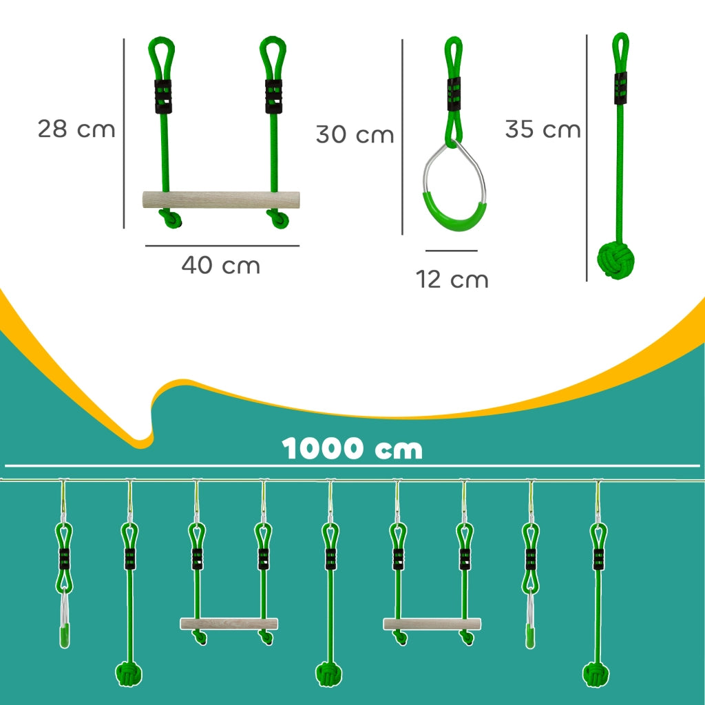 Percorso ostacoli Ninja bambini 10m ¨C Xylo ¨C set 7 pezzi carrucola tirolese verde 50kg