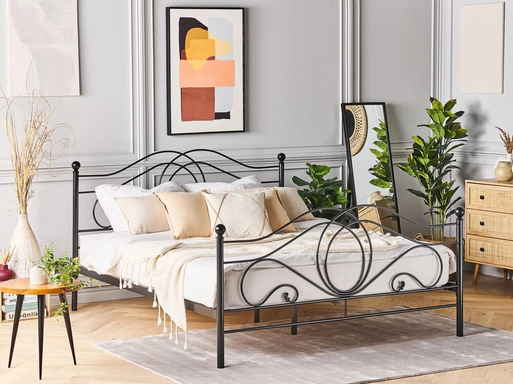 Letto in metallo Nero 160 x 200 cm con testiera a doghe e pediera retrò vintage