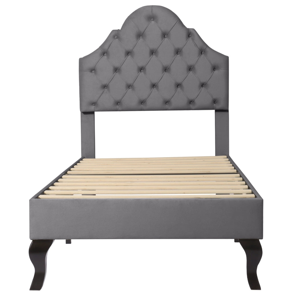Letto imbottito 90x200 cm in velluto grigio con testiera e rete a doghe in legno