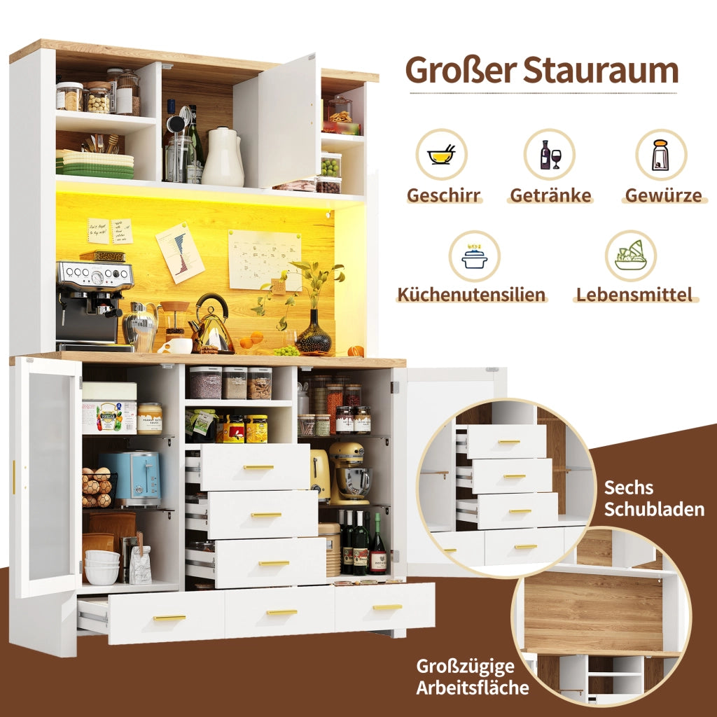 BUFFET 120x40x180 cm in MDF e vetro, bianco effetto legno con LED