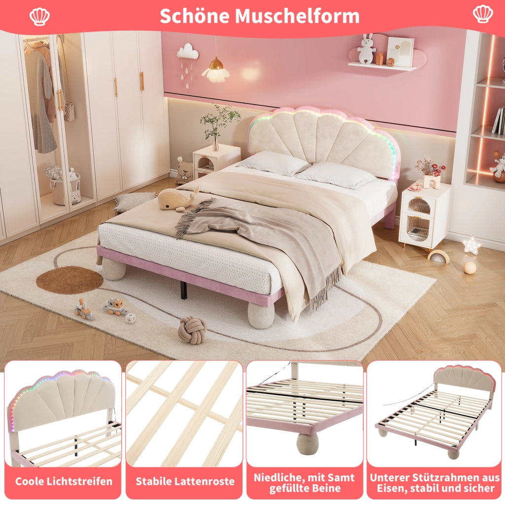 DESMIU Letto per Bambini Matrimoniale 140 × 200 cm con LED Multicolore e Testiera Imbottita, senza Materasso