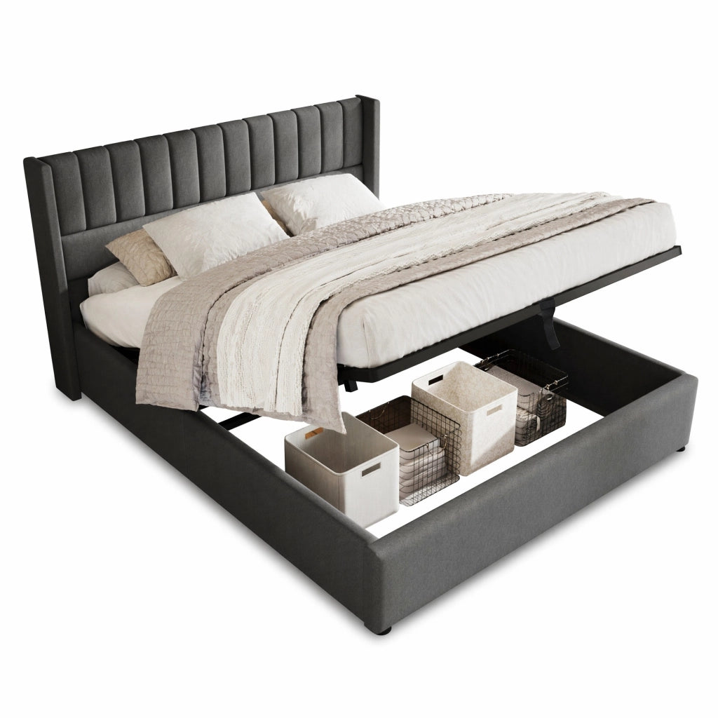 Letto matrimoniale contenitore 180x200 cm imbottito con rete sollevabile in lino grigio