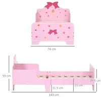 Letto per Bambini con Sponde e Fantasia a Fiocchi e Cuori, Età 3-6 Anni, 143x74x59cm, Rosa
