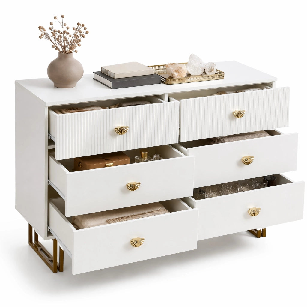 Set credenza bianca in MDF con 6 cassetti e specchio da parete 80x80 cm; dettagli dorati