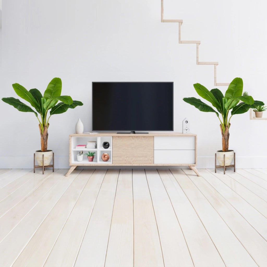 Pianta finta con foglie di banana e rami regolabili con vaso, Set da 2 alberi di banane artificiali da interno Verde-Piante artificiali