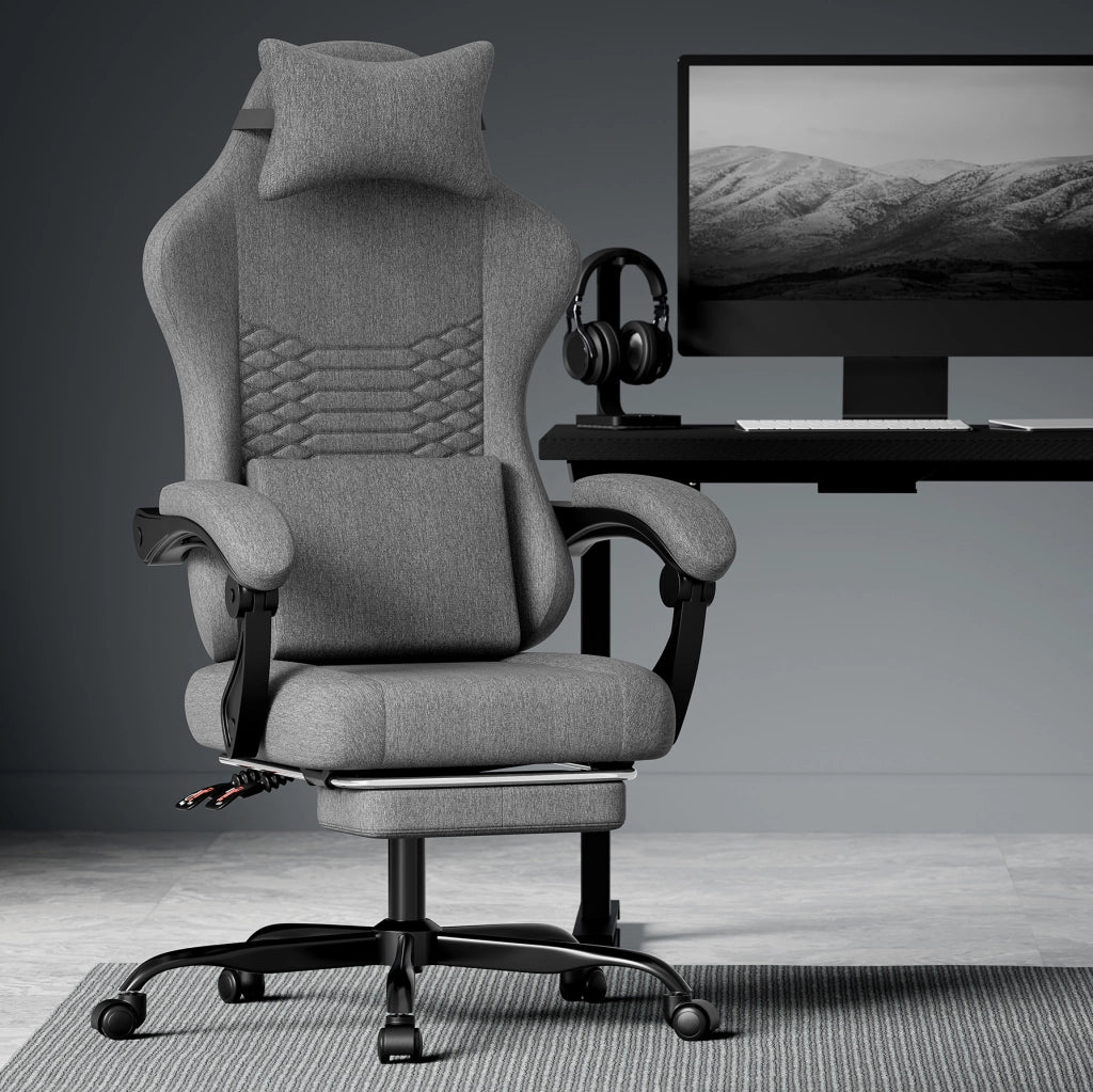 Sedia da gaming ergonomica con poggiatesta; supporto lombare e braccioli sincronizzati; grigio scuro