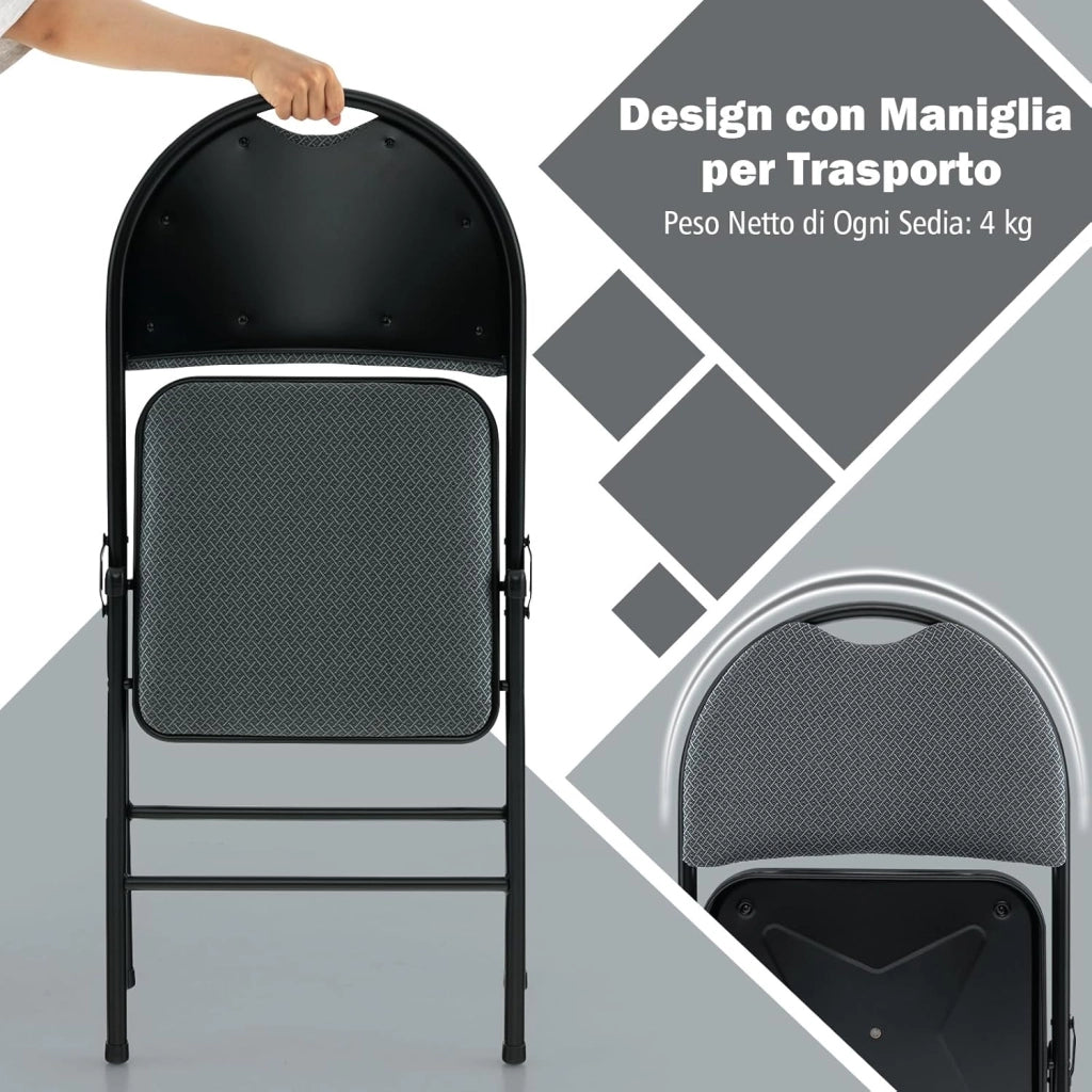 Set di 4 Sedie Pieghevoli, Sedie da Pranzo con Seduta Imbottita e Schienale Rivestito in Tessuto, con Gambe in Metallo, Sedia Portatile per Soggioro, Ufficio, Portata 120 kg (Grigio)