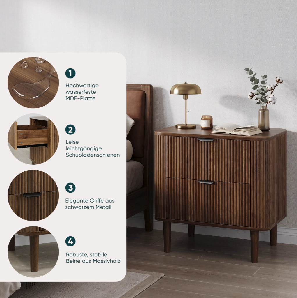 Comodino in MDF effetto noce con 2 cassetti e frontali scanalati