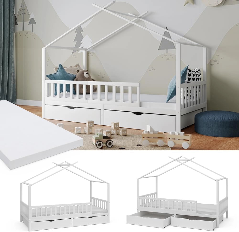 Letto montessori bambini Franka, Bianco, 90x200 cm con 2 cassetti e materasso, adatto per materassi fino a 90x200 cm e combinabile