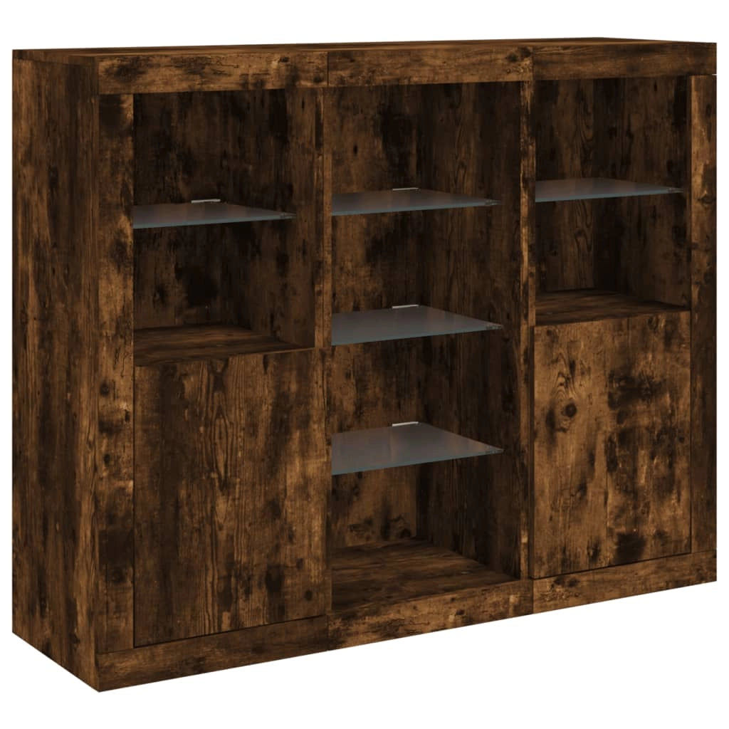 Buffet credenza cassettiera armadio mobile contenitore organizer per cucina soggiorno salotto con luci a LED 3 pezzi legno ingegnerizzato marrone 02_0037211