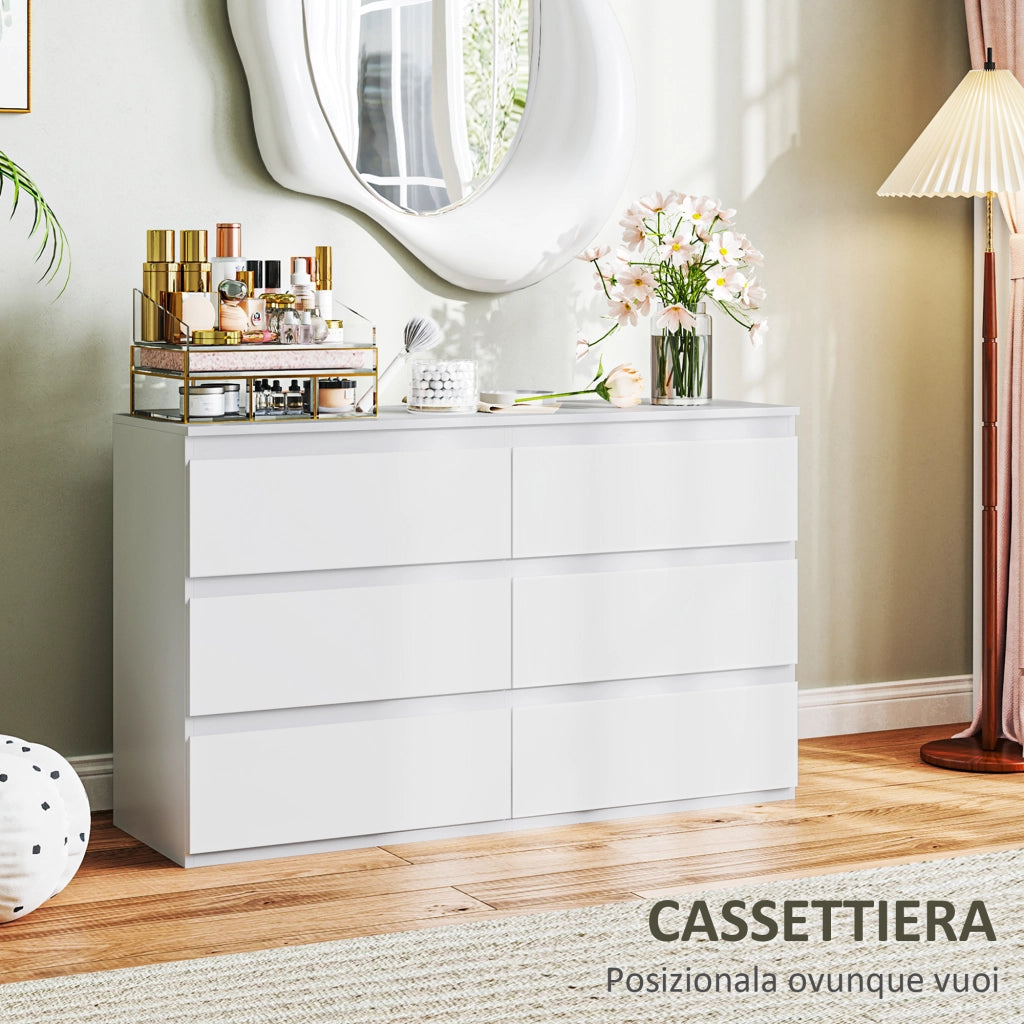 Cassettiera 6 Cassetti per Camera da Letto in Legno con Guide in Metallo, 120x39x75 cm, Bianco