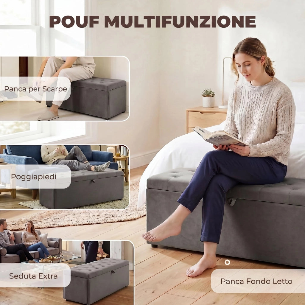 Cassapanca in Velluto con Seduta Imbottita ¨C Zephmum ¨C Grigio