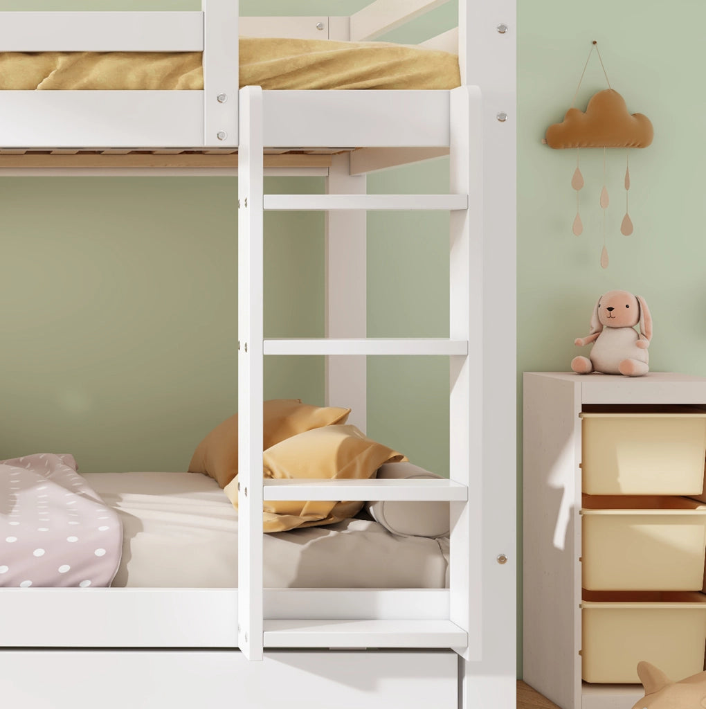 Letto a castello 90x200 cm bianco con 2 cassetti e scaffale