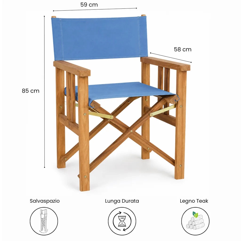 Sedia Regista pieghevole in Legno Teak e Tela azzurra - Cannes