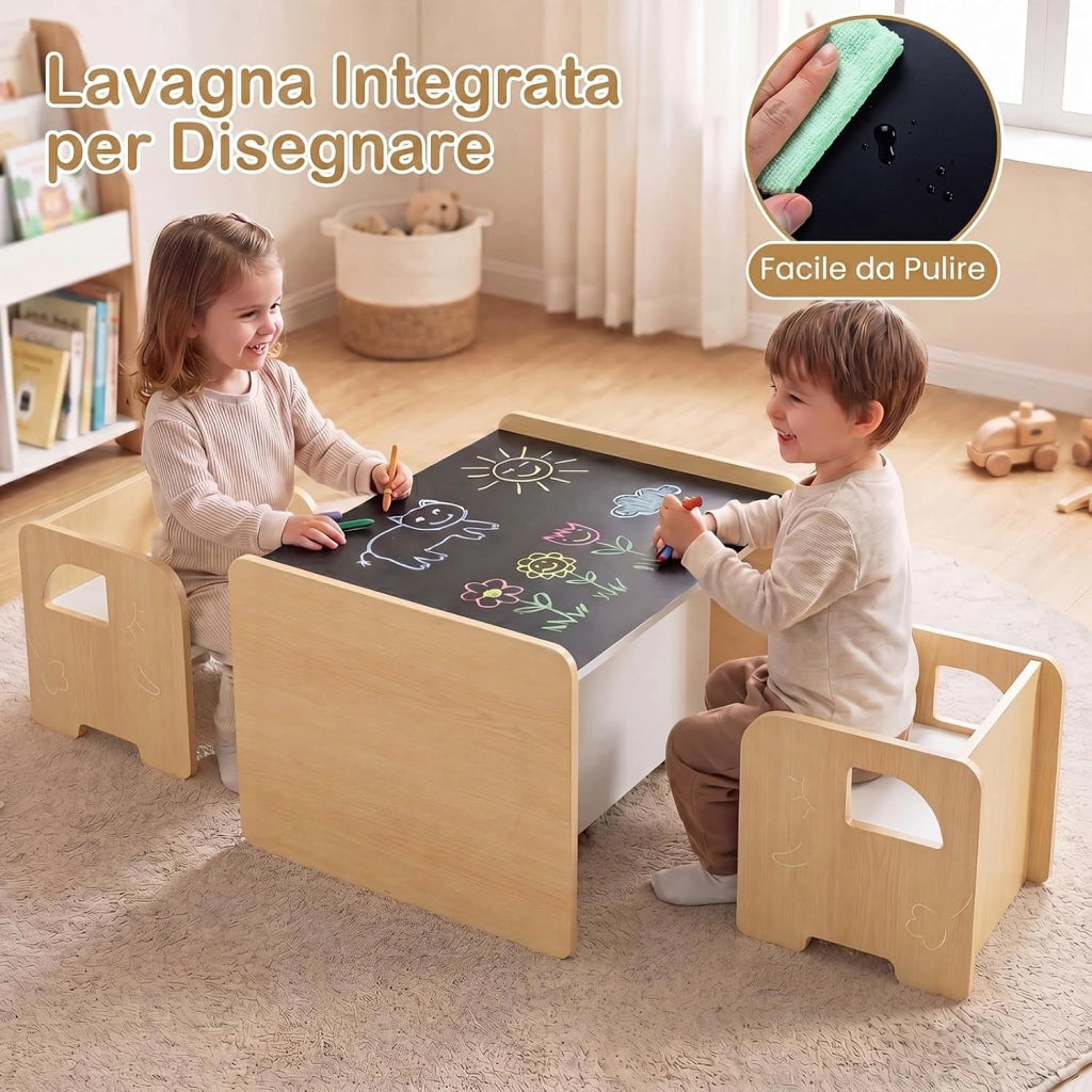 Set Tavolo e 2 Sedie per Bambini, Tavolo e Sedie Salvaspazio per Bambini 3+ Anni con Lavagna per Disegnare e Piedini Antiscivolo, per Camerette, Soggiorno e Studio (Naturale)