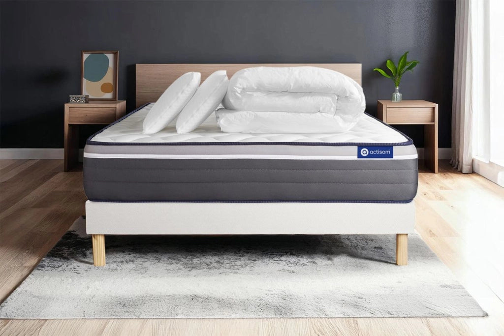 Pacchetto letto completo - Materasso 140x190cm + Box spring con doghe (in kit) + 2 cuscini + Piumino - ActiMemo Plus