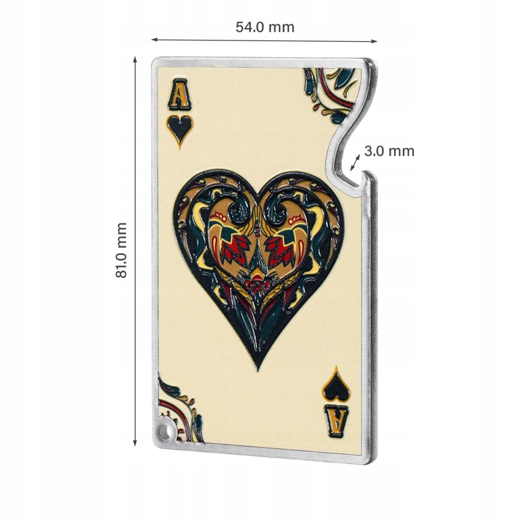 Apribottiglie KADAX in metallo con asso di cuori e carta regalo da poker.
