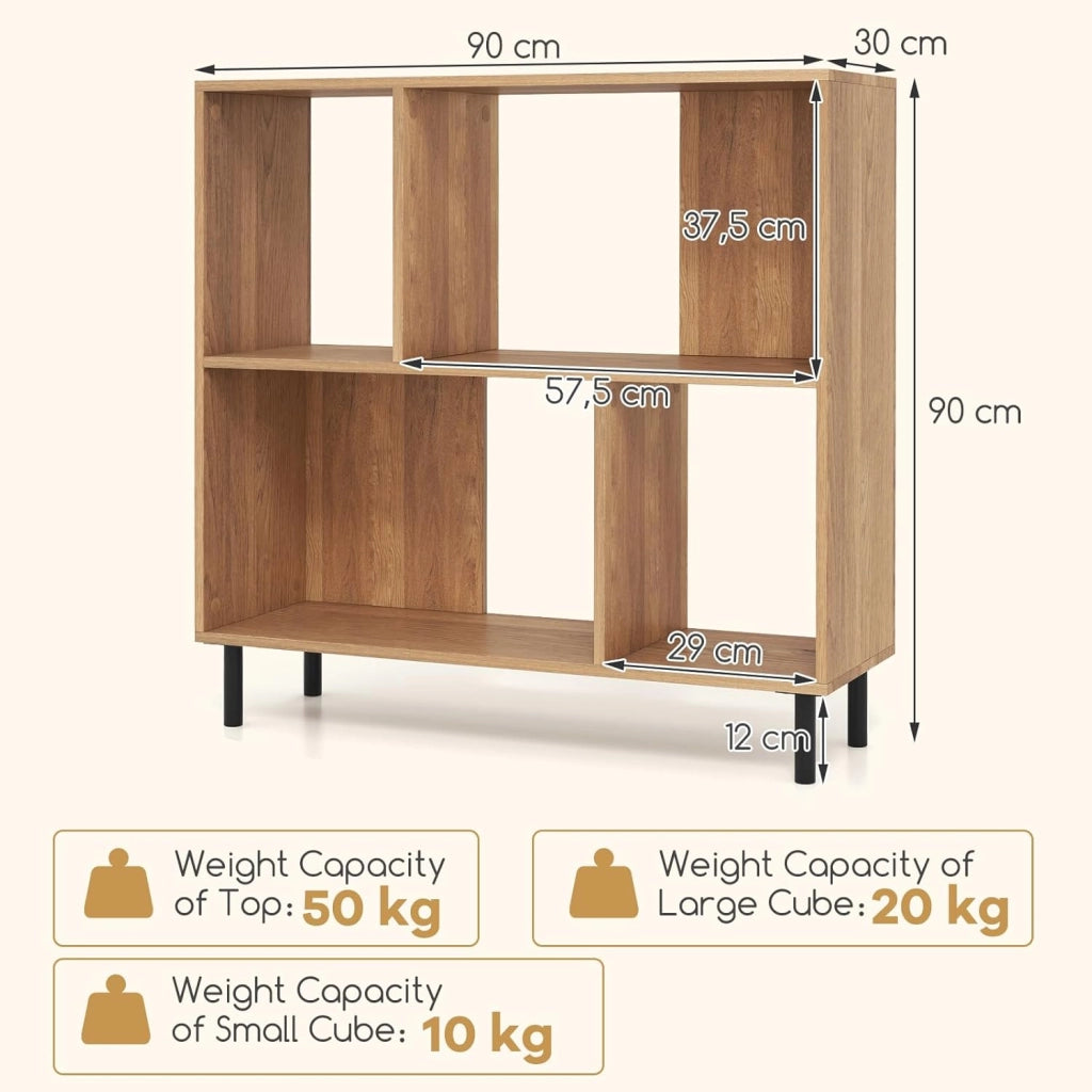 Mobiletto con 4 Cubi e 2 Livelli, 90 x 30 x 90 cm, Libreria con Scomparti Semi-Aperti e Gambe in Metallo, Adatta per Appartamenti, Dormitori, Uffici (Naturale)
