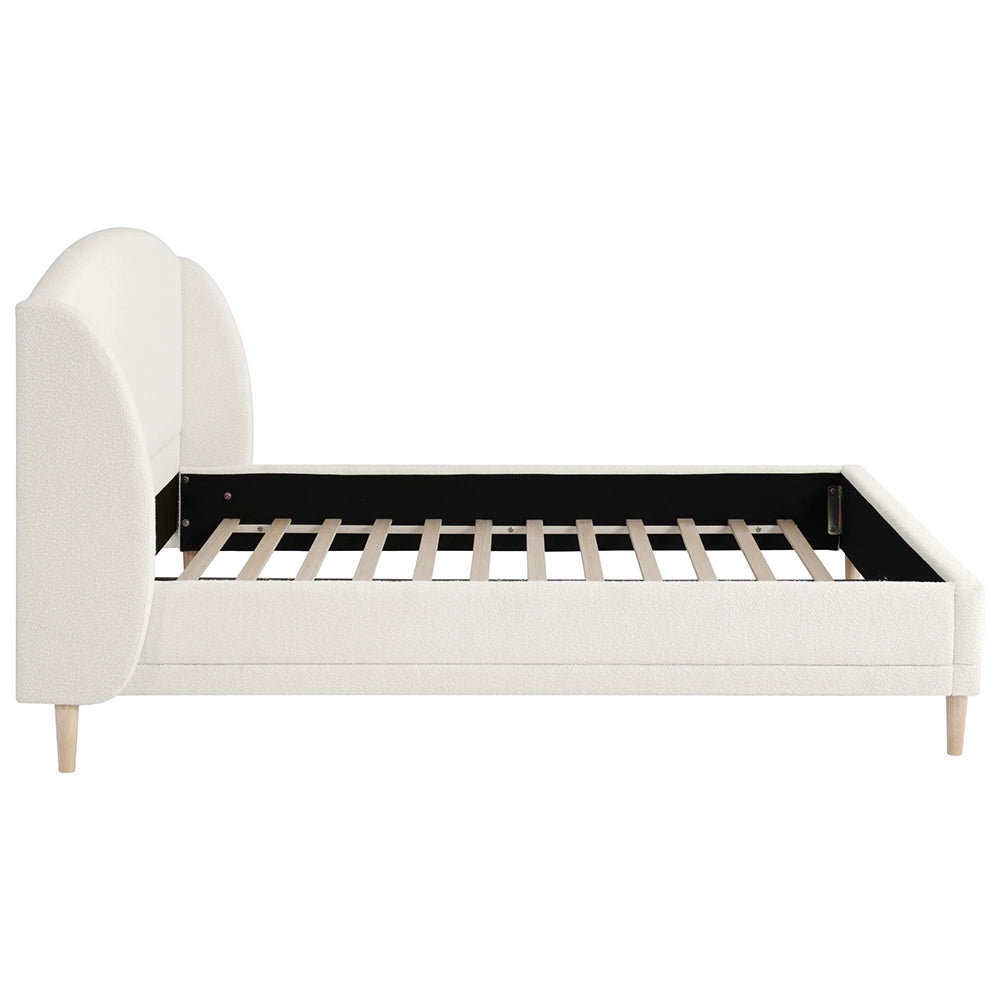 Letto imbottito con testiera a orecchie - Xylo - 140¡Á190 cm - Bianco avorio - Design curvo con rete a doghe solide e piedi in legno di gomma