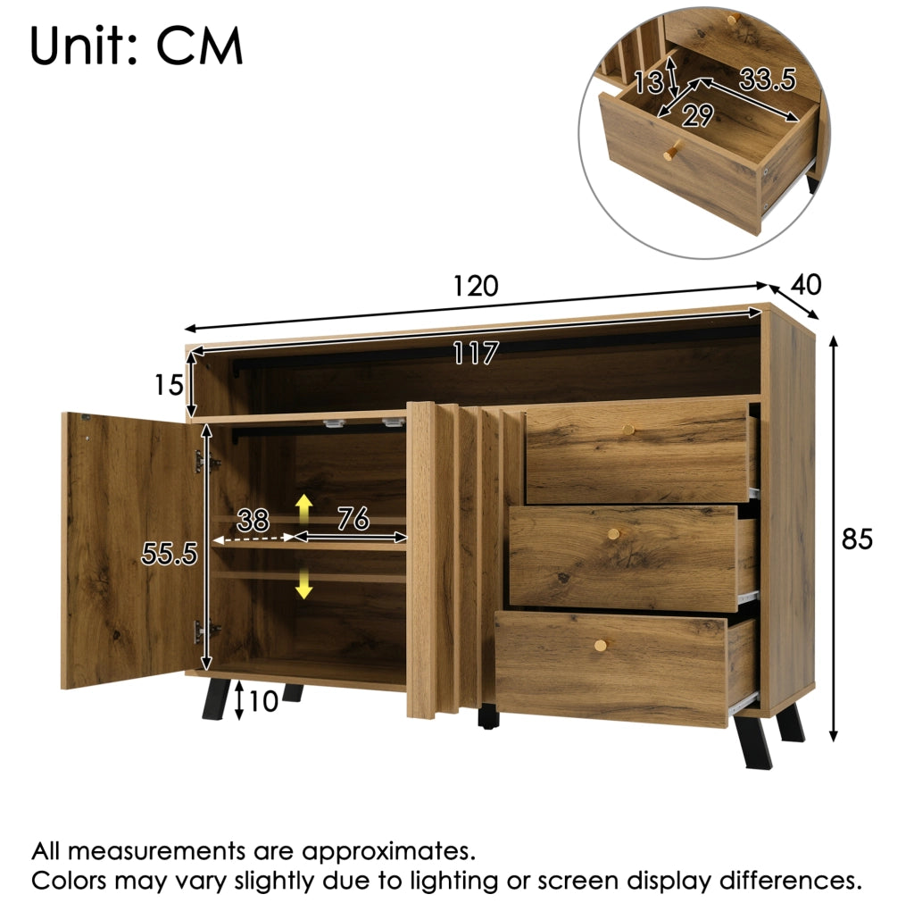Credenza 120x40x85 cm con 3 cassetti; 2 ante e vano aperto in legno rovere scuro