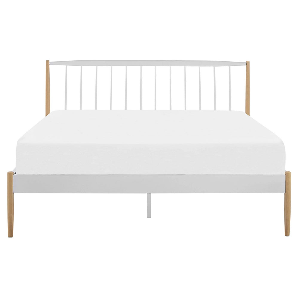 Letto 160 x 200 cm bianco con gambe in legno chiaro base a doghe in metallo bianco retrò scandinavo