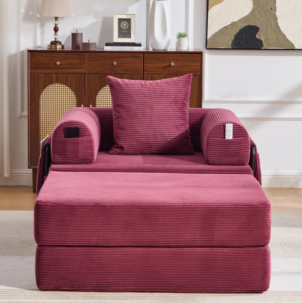 Pouf trasformabile in letto singolo in corduroy bordeaux; 109 x 95 x 43 cm