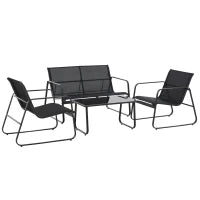 Set Tavolino con Panchina e 2 Sedie da Giardino, Arredamento da Esterno in Metallo e Texteline, Nero