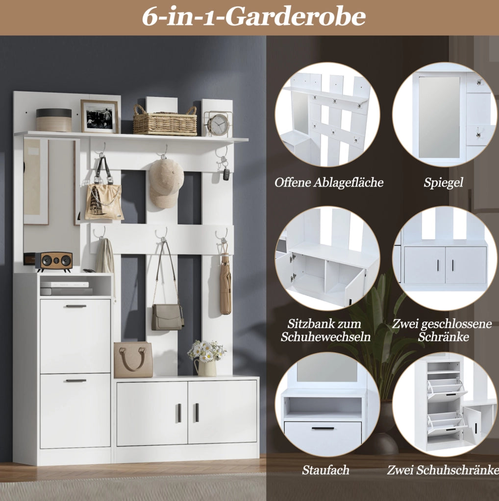 Armadio guardaroba multifunzionale bianco con specchio e scarpiera