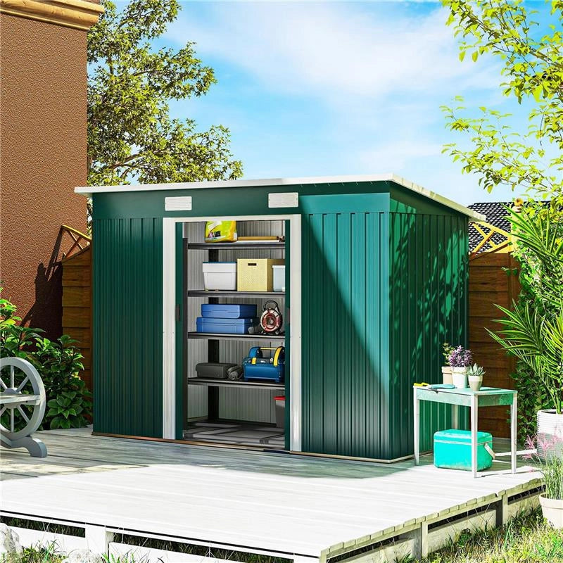 CASETTA DA GIARDINO IN ACCIAIO 272 X 134 CM CON PORTE SCORREVOLI DOPPIE E 2 PRESE D'ARIA, VERDE
