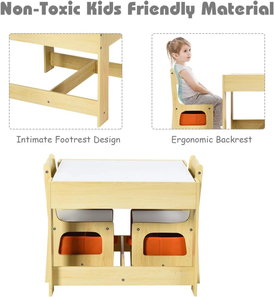 3 in 1 Tavolo e Sedie per Bambini, Set Mobili di 3 Pezzi Camera, Tavolino Bianco e Nero da Gioco, Multiuso, Cosigliata Età 3-7 Anni, in Legno