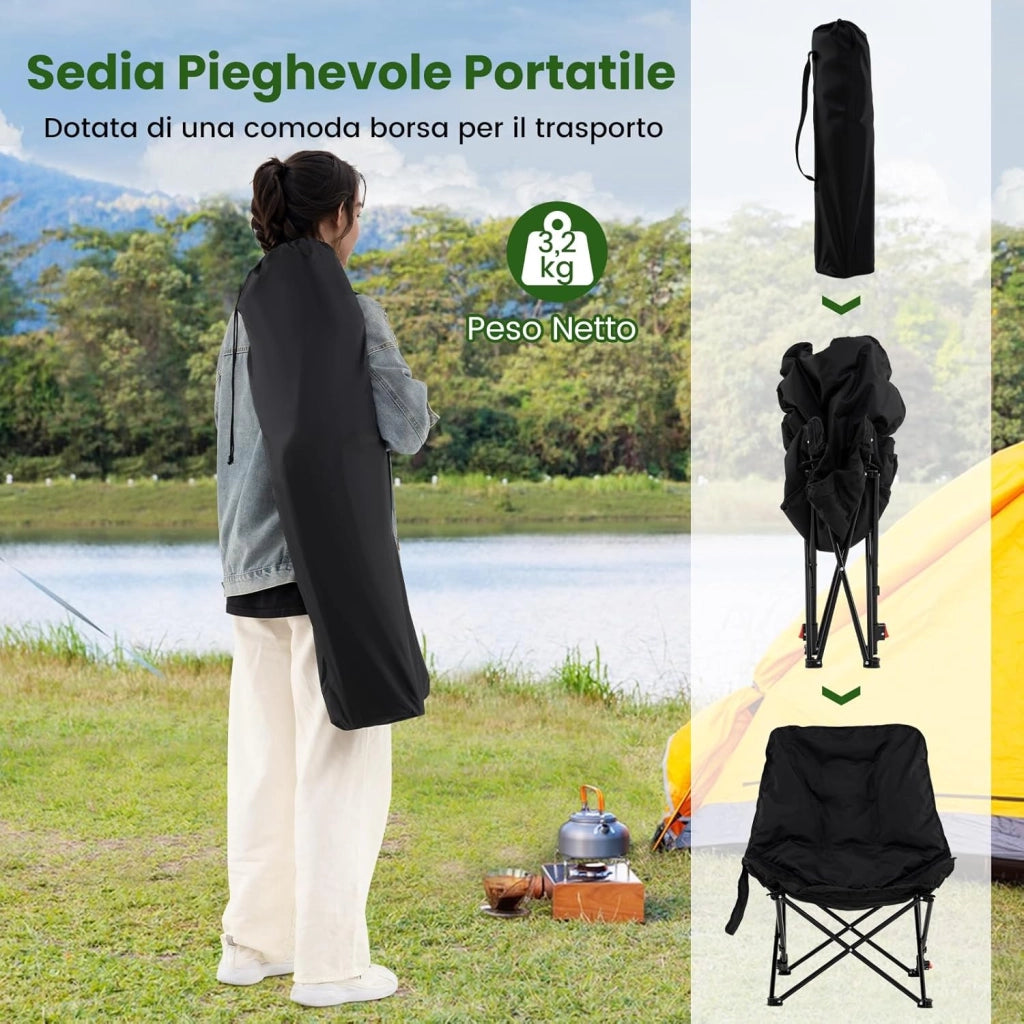 Sedia da Campeggio Portatile, Sedia Pieghevole Imbottita con Schienale Regolabile e Tasca Laterale, Seduta da Giardino in Metallo con Borsa da Trasporto, Portata 150 kg