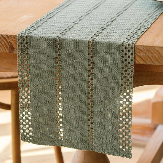 Tavolo verde macramé modern con lente per giardino o fattoria stile rurale tovaglia per tavolo in lino 30x140 cm