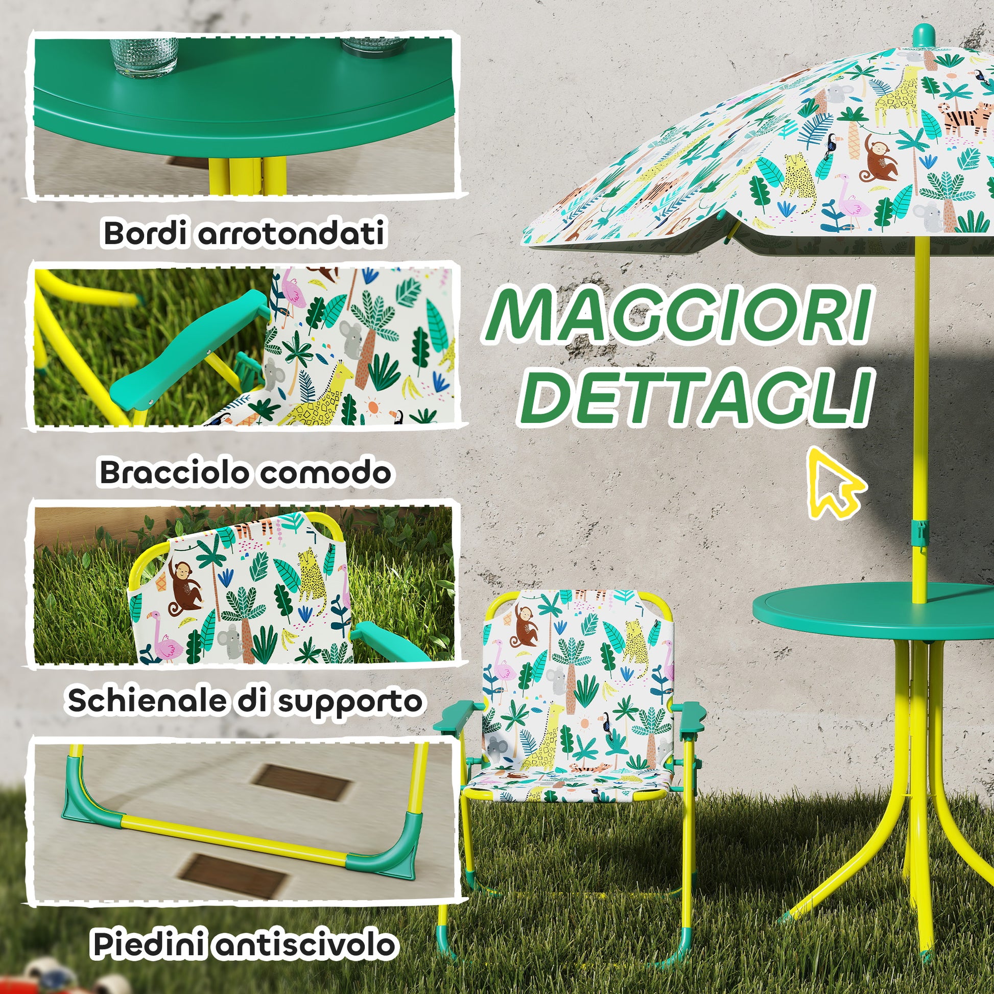 Set Tavolo e Sedie per Bambini con Ombrellone per Esterno in Acciaio Verde