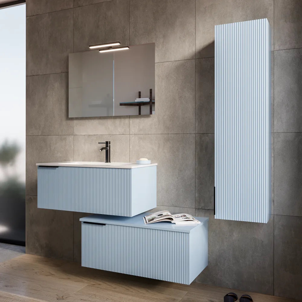 Mobile bagno sospeso modulare cannettato 90 cm azzurro capri due cassetti con lavabo | Fuji