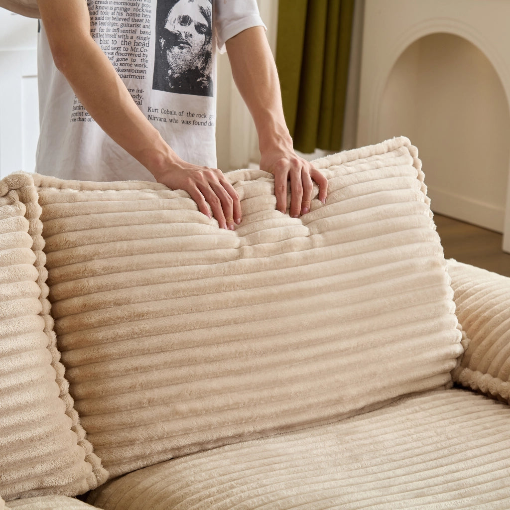 Divano a 2 posti in tessuto a coste con pouf, schiuma ad alta resilienza e molle, beige 206 × 158 × 66 cm