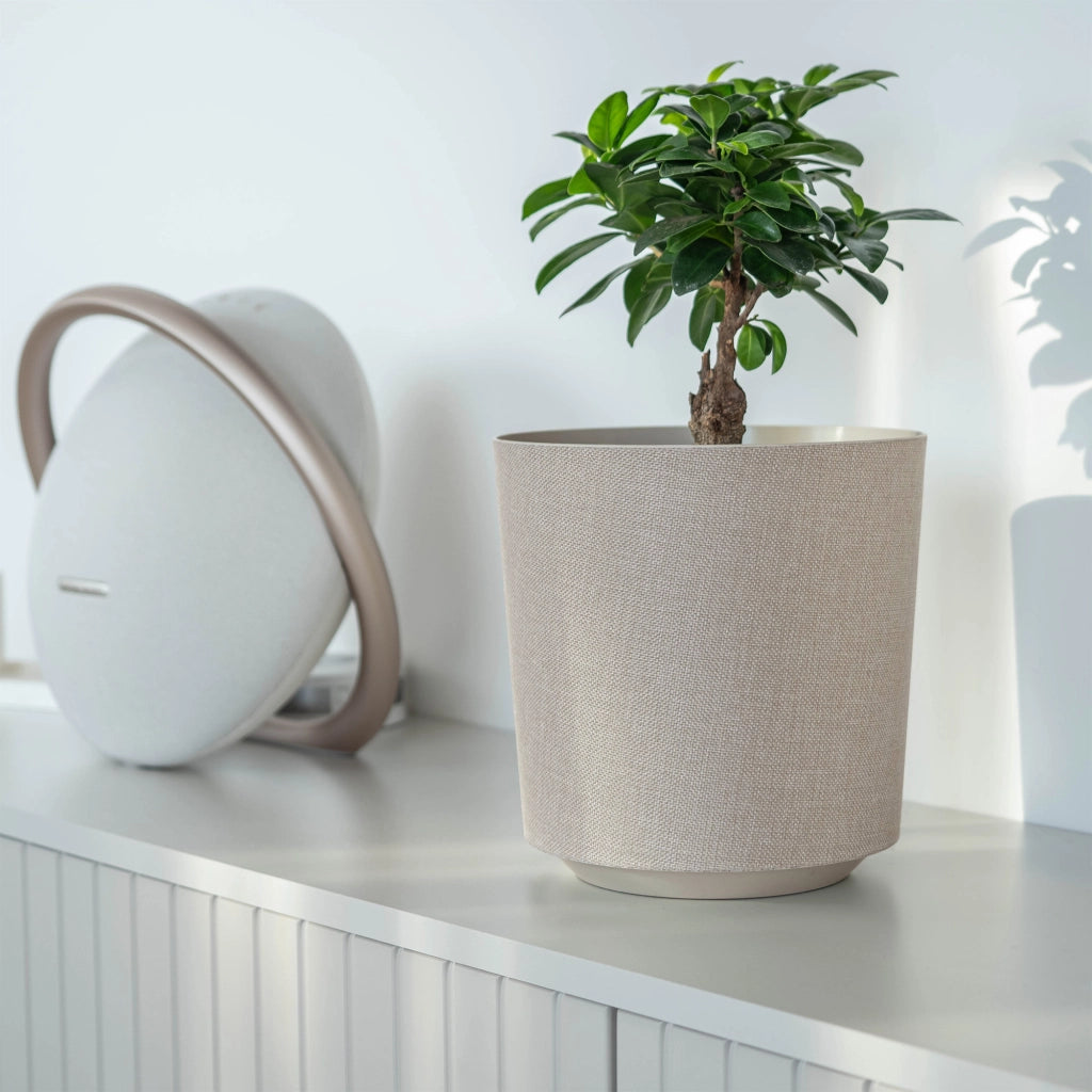 Vaso da fiori KADAX, rotondo, beige, con motivo in tessuto, 19 cm