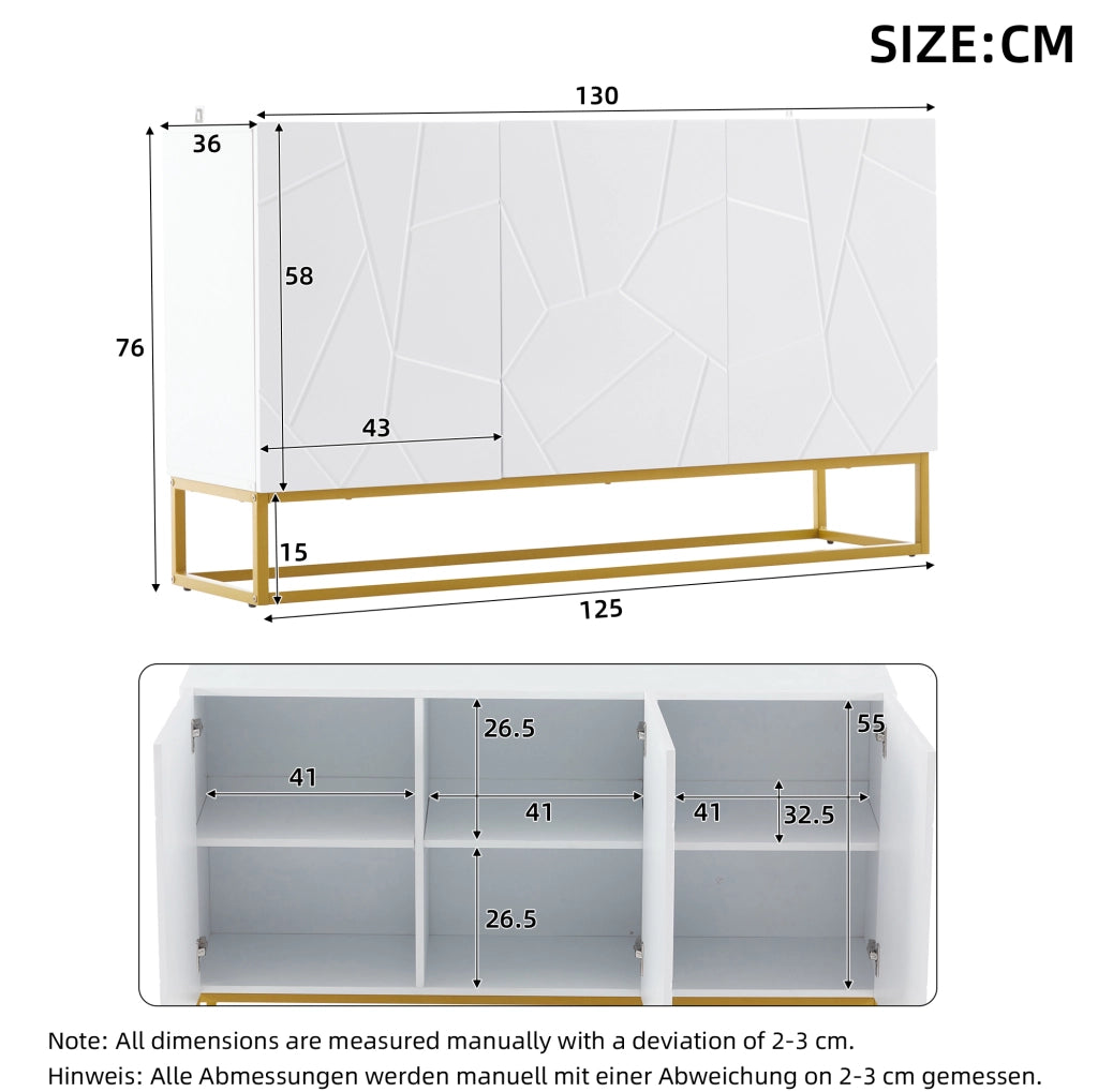 Credenza moderna bianca lucida 130 cm con 3 ante e ripiani regolabili