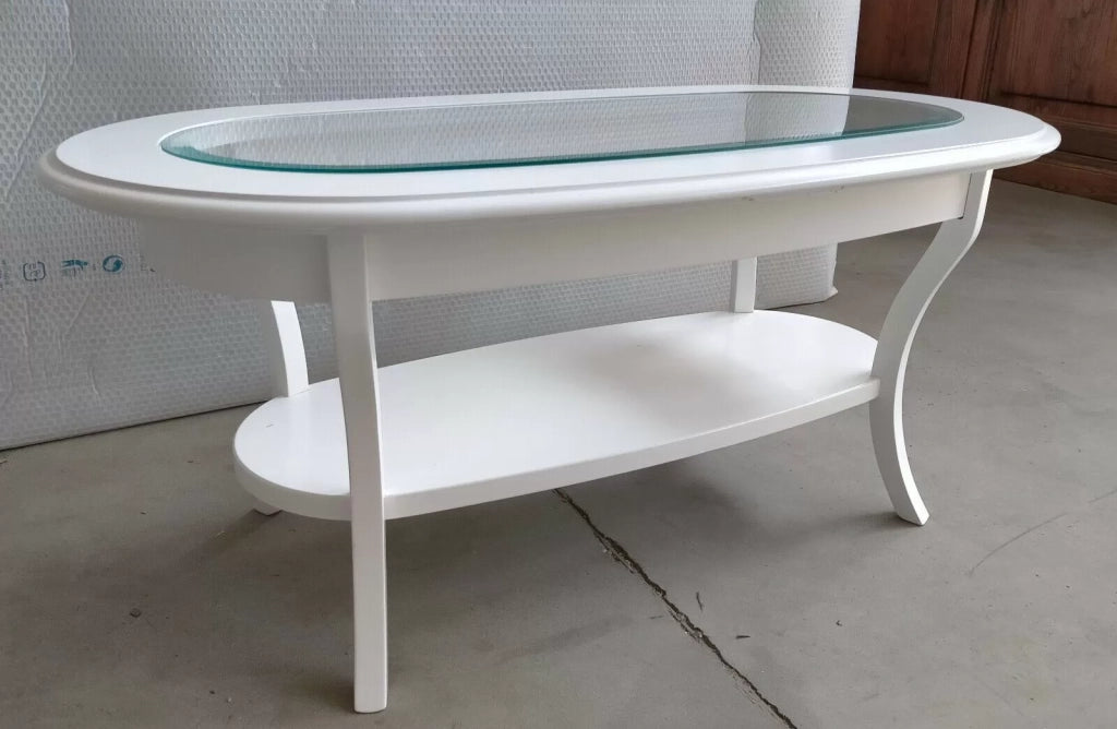 Tavolino classico ovale piano vetro shabby bianco l.110 p.60 h.48 - Mobili 2G