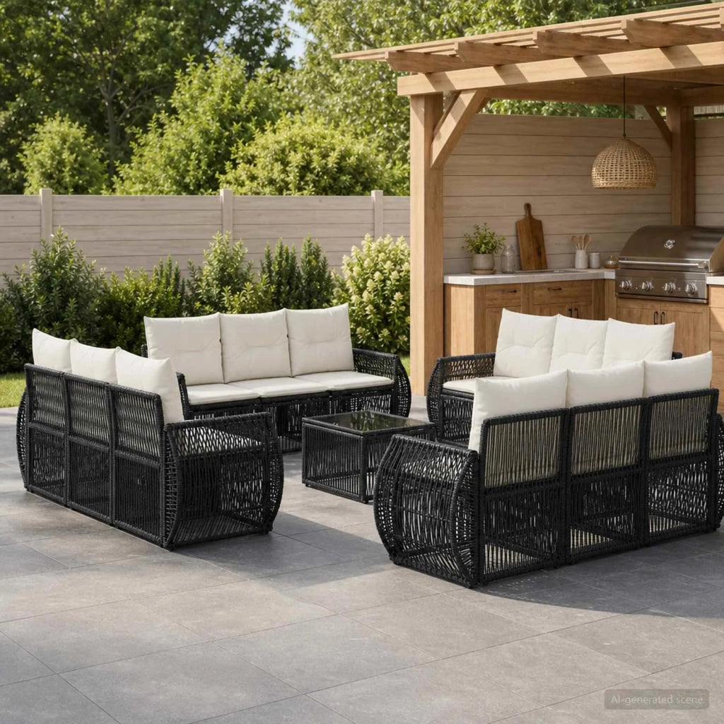 Set Divano da Giardino 13 pz Nero e Bianco Crema polyrattan 3435370