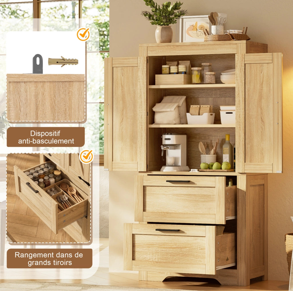 Credenza alta in stile rustico con 2 cassetti e ripiani regolabili
