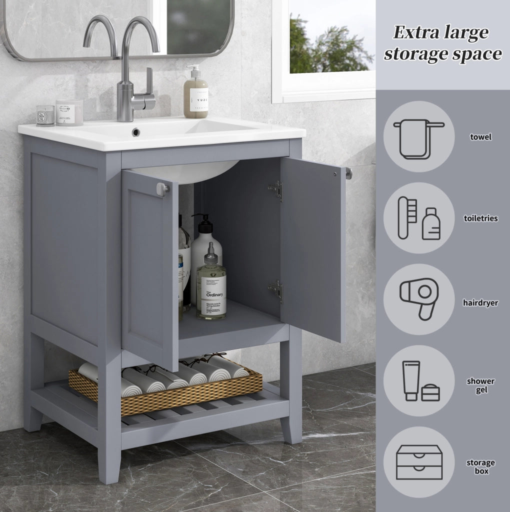 Mobile bagno con lavabo in ceramica 61 cm; grigio e bianco; da terra