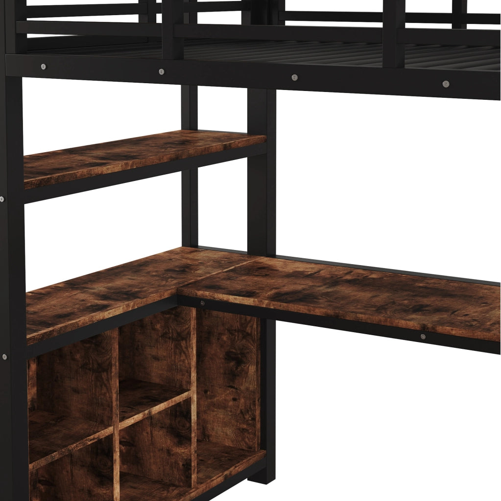 Letto a soppalco 90x200 cm in MDF e metallo nero con scrivania; appendiabiti e ripiani