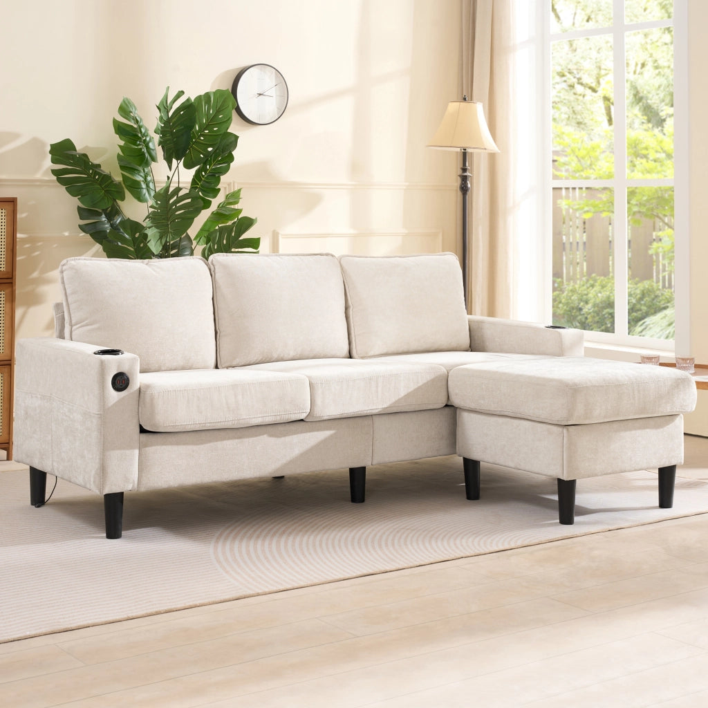 Divano 3 Posti Beige a Forma di L in Lino con Pouf e Porte USB