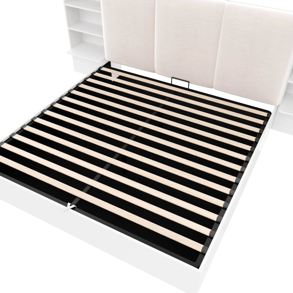 DESMIU Lit coffre 180 × 200 cm 2 posti con 6 vani, LED, senza materasso, in MDF e compensato, bianco