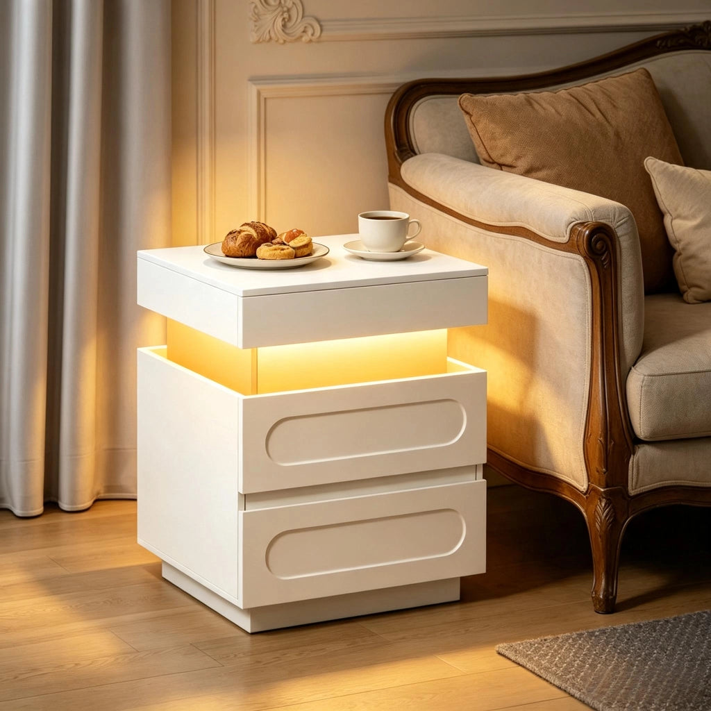 TAVOLINO DA NOTTE 45 x 58 x 40 cm Bianco con LED e stazione di ricarica
