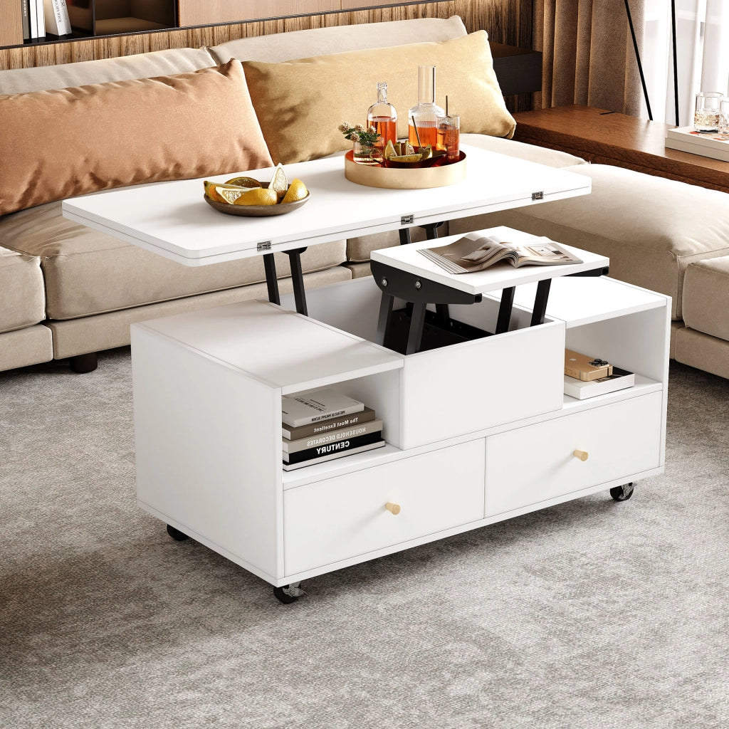 Tavolino Elevabile Pieghevole con 4 Cassetti e Ruote per Soggiorno, in MDF, bianco, 100 × 50 × 47,5 cm