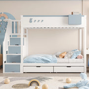Letto a castello 90x200 cm con cassetti e ripiano rimovibile in pino, compensato e MDF bianco e blu